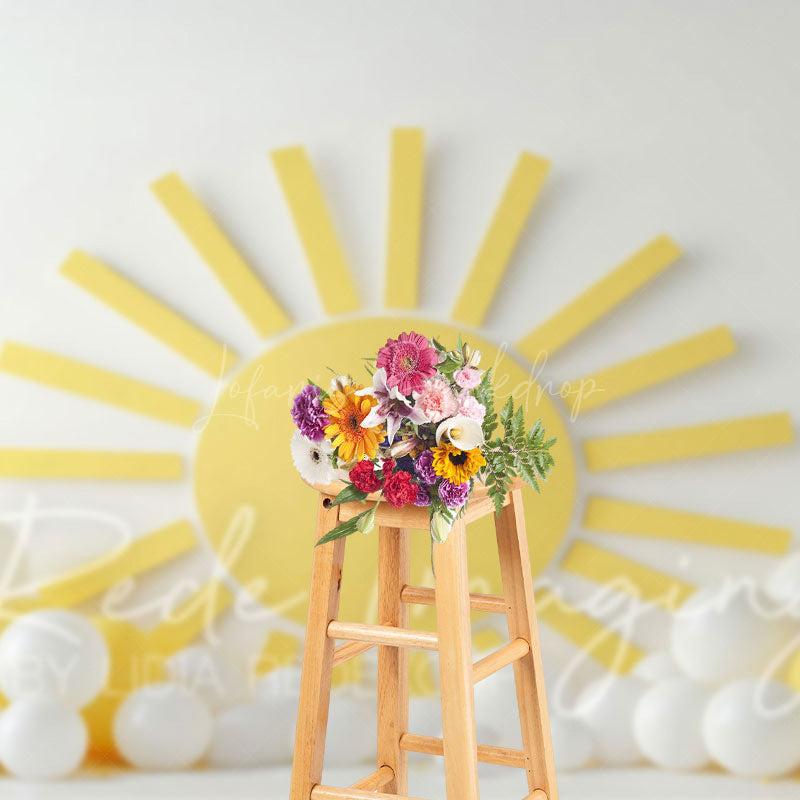 Lofaris White Wall Yellow Sun Balloons Cake Smash Backdrop