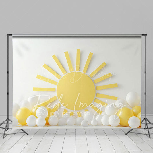 Lofaris White Wall Yellow Sun Balloons Cake Smash Backdrop