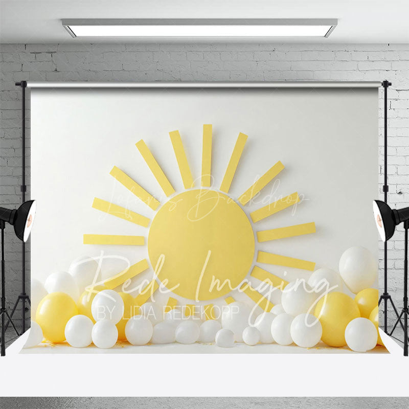 Lofaris White Wall Yellow Sun Balloons Cake Smash Backdrop