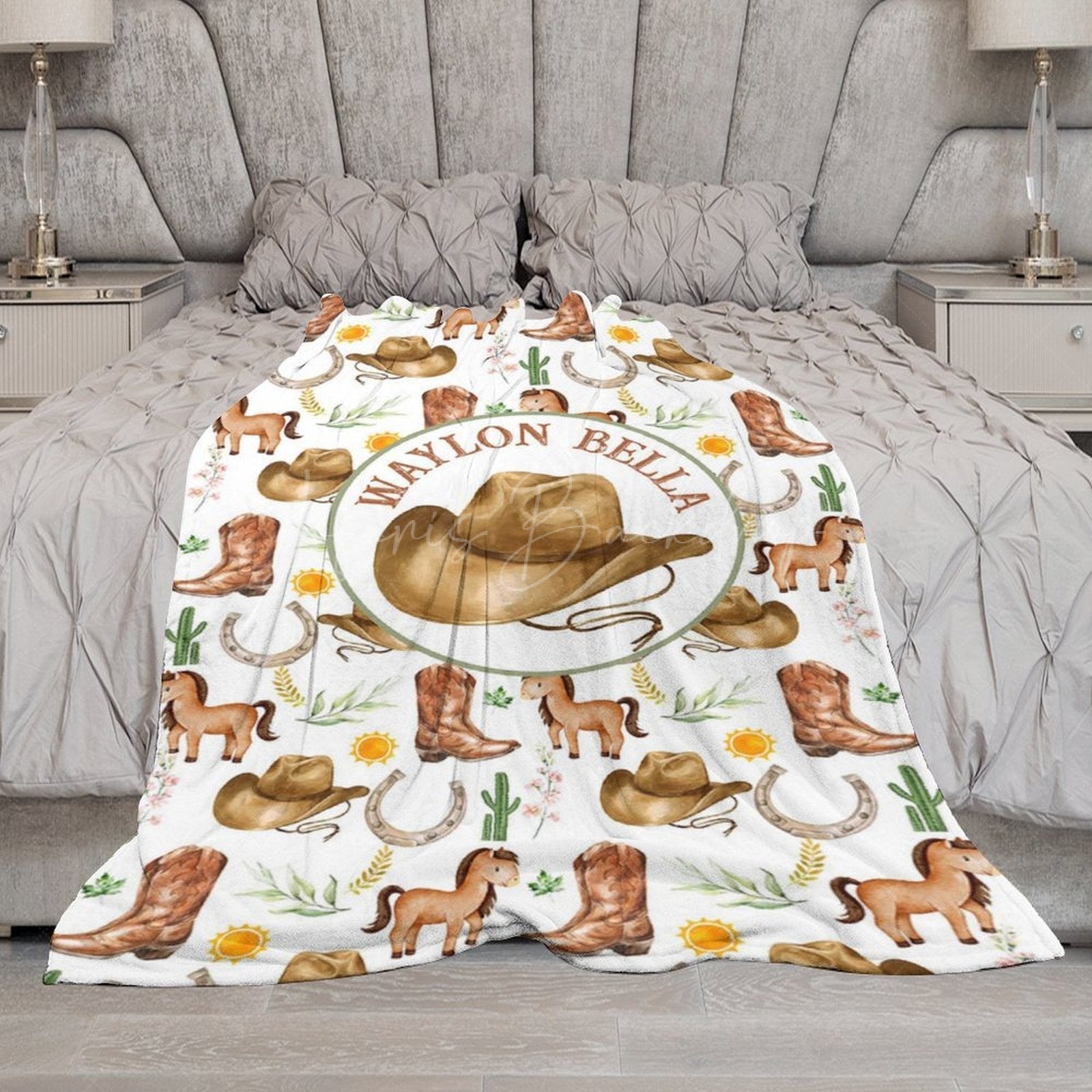 Lofaris White Wild Repeated Cowboy Foal Custom Name Blanket