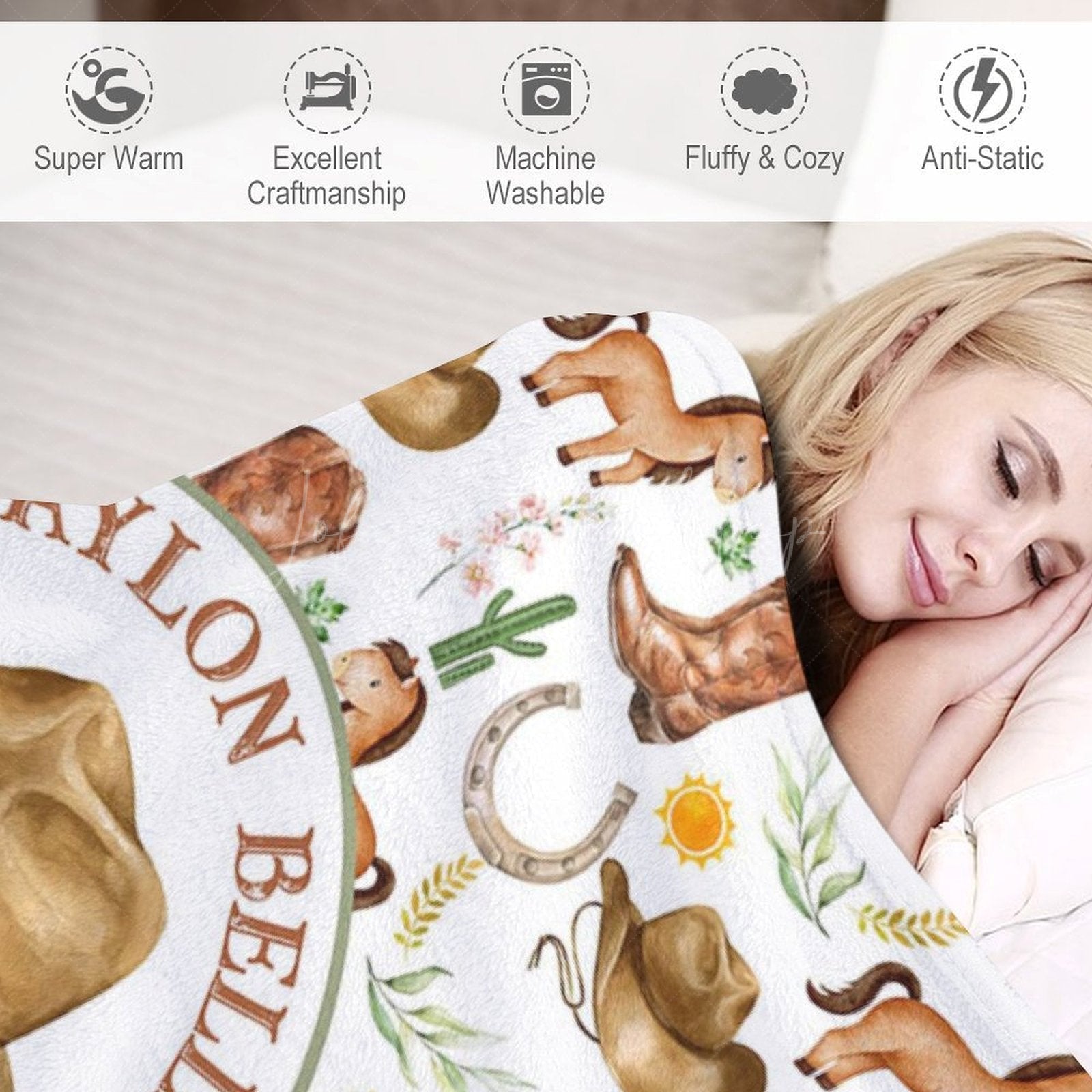 Lofaris White Wild Repeated Cowboy Foal Custom Name Blanket