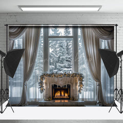 Lofaris White Window Snowy Forest Christmas Room Set Backdrop