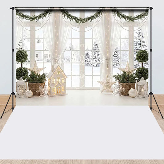 Lofaris White Window Snowy Winter Scene Christmas Garland Combo Set Backdrop Festive Holiday Home Decor Photography