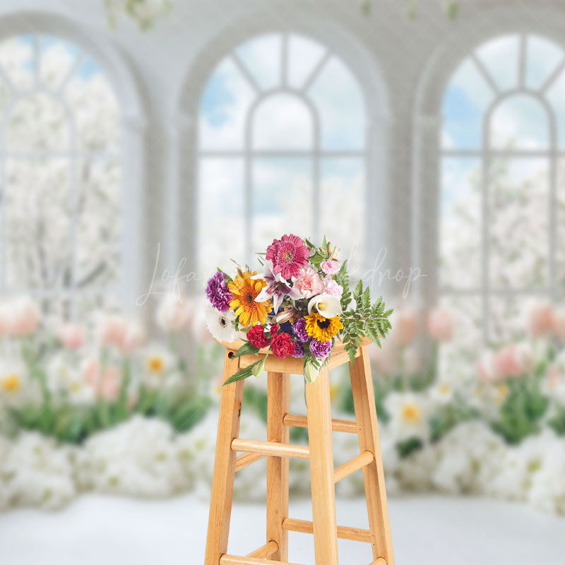 Lofaris White Window Trees Pink Floral Spring Photo Backdrop
