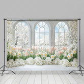 Lofaris White Window Trees Pink Floral Spring Photo Backdrop