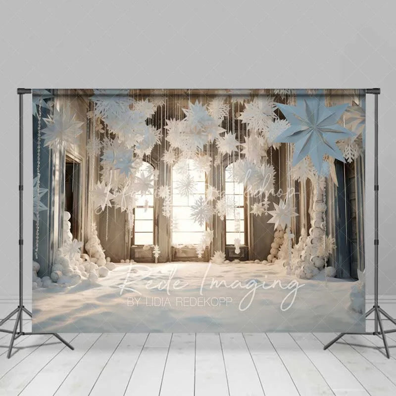 Lofaris White Winter Window Backdrop Hanging Paper Snowflakes Snow Floor Bright Room Photo Background