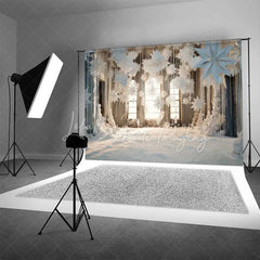 Lofaris White Winter Window Backdrop Hanging Paper Snowflakes Snow Floor Bright Room Photo Background