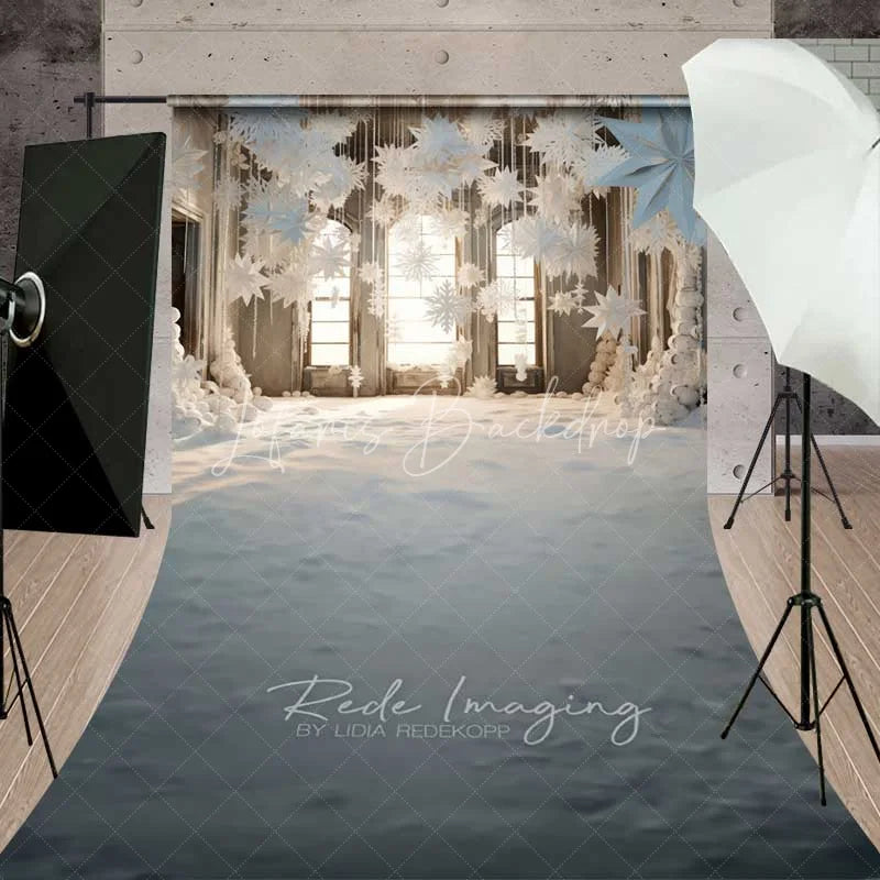 Lofaris White Winter Window Sweep Backdrop Hanging Paper Stars Snow Floor Bright Room Photo Background