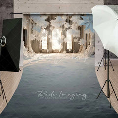 Lofaris White Winter Window Sweep Backdrop Hanging Paper Stars Snow Floor Bright Room Photo Background