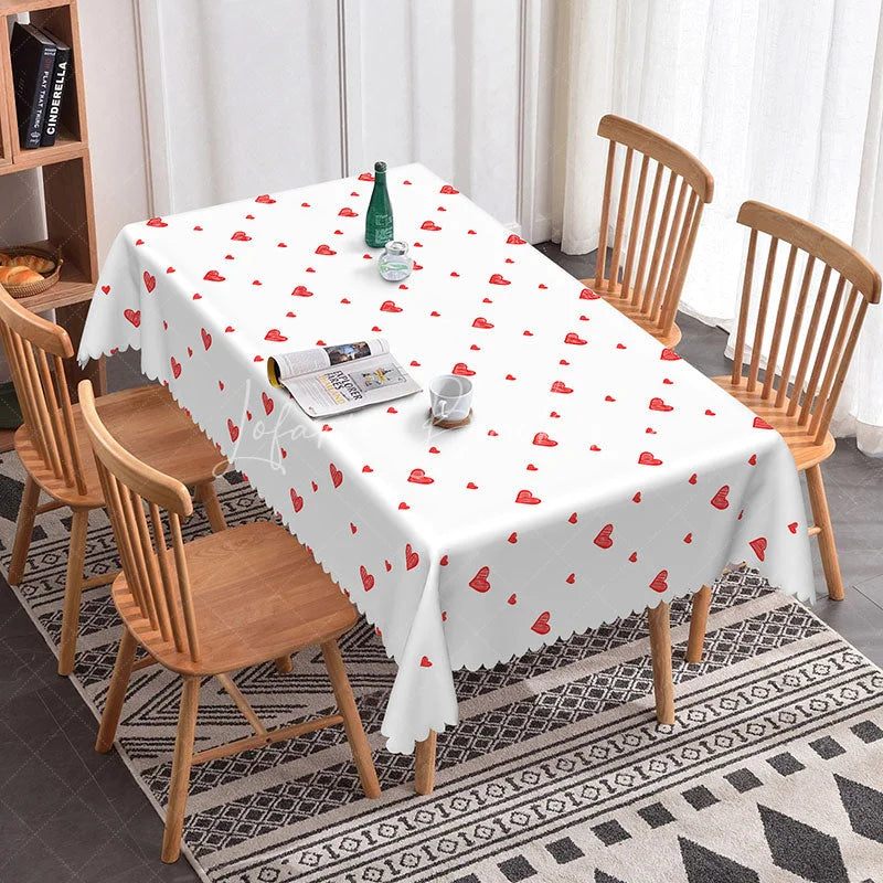 Lofaris White with Red Scribble Heart Rectangle Tablecloth Simple Sketchy Love Design Modern Valentine Dining Room Decor