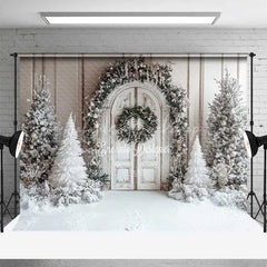 Lofaris White Wood Door Christmas Backdrop Snowy Flocked Tree Garland Photography Background