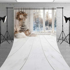 Lofaris White Wood Floor Christmas Sweep Backdrop Winter Window View Flocked Tree Minimalist Photo Background