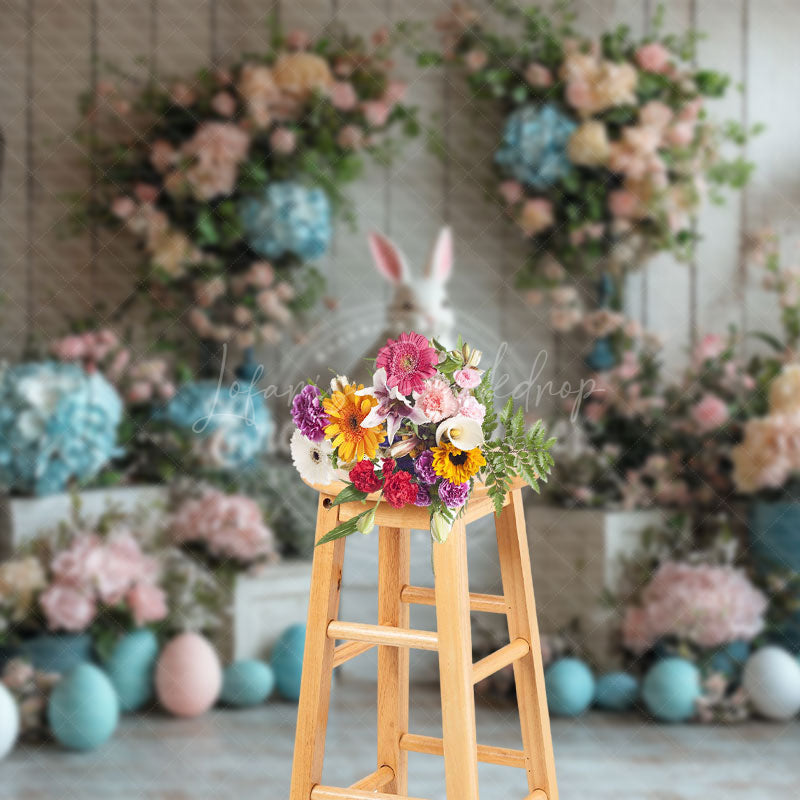 Lofaris White Wood Wall Color Floral Bunny Easter Backdrop