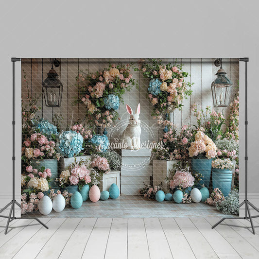 Lofaris White Wood Wall Color Floral Bunny Easter Backdrop
