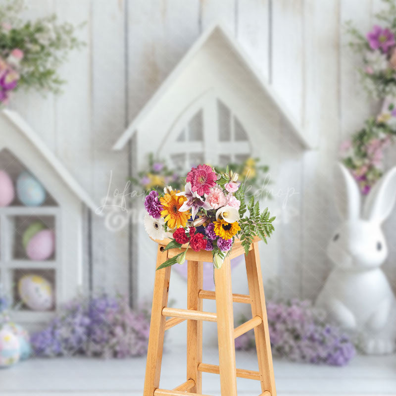Lofaris White Wood Wall Eggs Bunny Floral Easter Backdrop