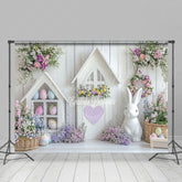 Lofaris White Wood Wall Eggs Bunny Floral Easter Backdrop