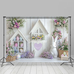 Lofaris White Wood Wall Eggs Bunny Floral Easter Backdrop