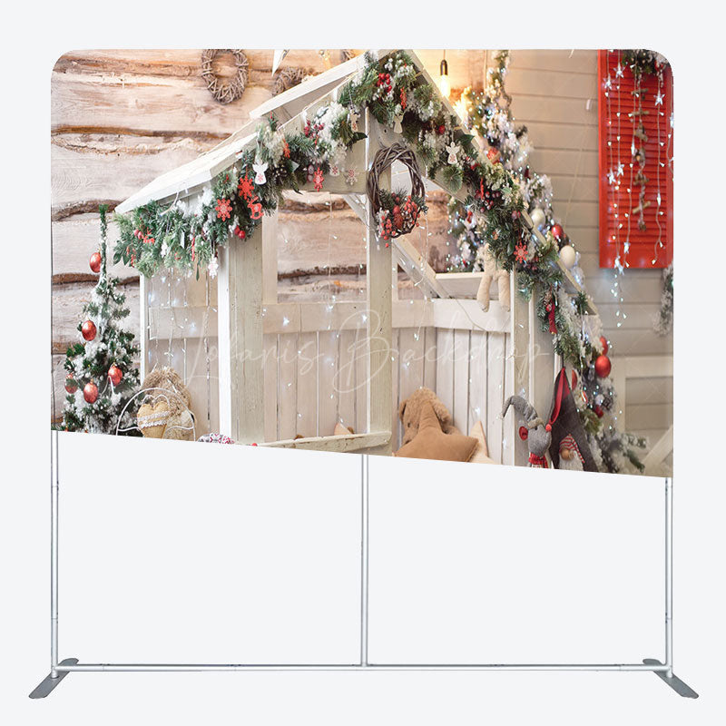 Lofaris White Wooden House Christmas Fabric Tension Backdrop