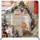 Lofaris White Wooden House Christmas Fabric Tension Backdrop