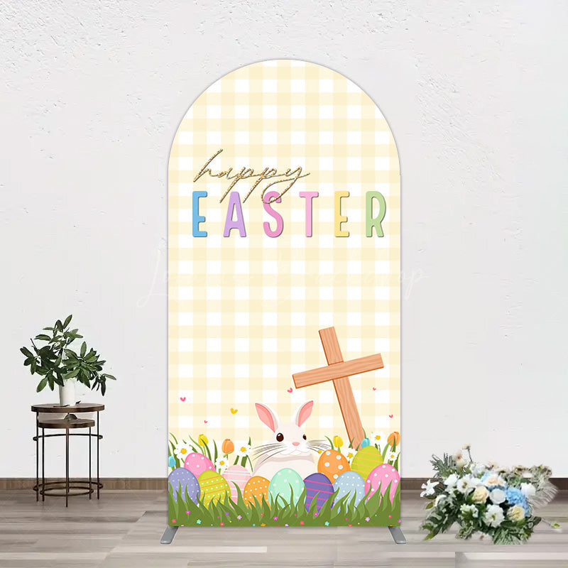 Lofaris White Yellow Plaid Eggs Bunny Easter Arch Backdrop
