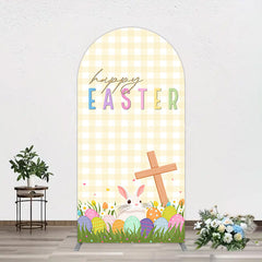 Lofaris White Yellow Plaid Eggs Bunny Easter Arch Backdrop