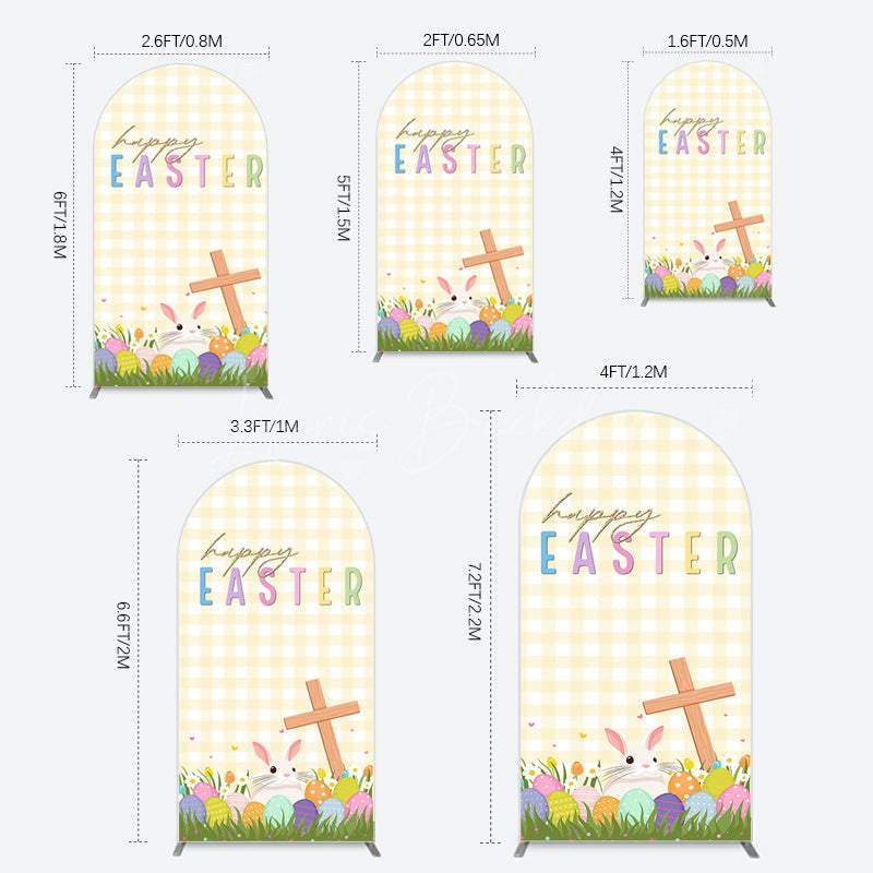 Lofaris White Yellow Plaid Eggs Bunny Easter Arch Backdrop