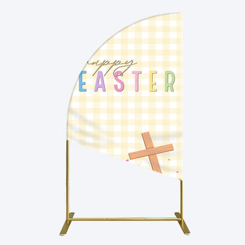 Lofaris White Yellow Plaid Eggs Bunny Easter Half Moon Arch Backdrop