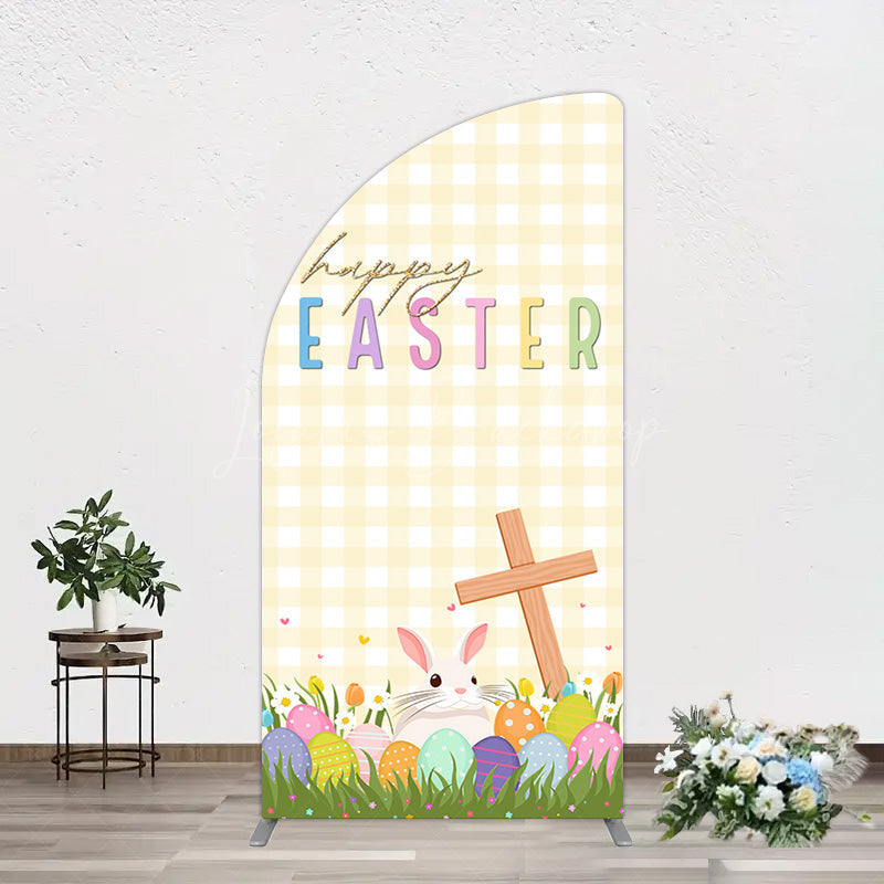 Lofaris White Yellow Plaid Eggs Bunny Easter Half Moon Arch Backdrop