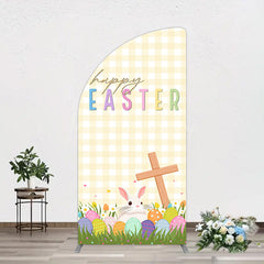 Lofaris White Yellow Plaid Eggs Bunny Easter Half Moon Arch Backdrop