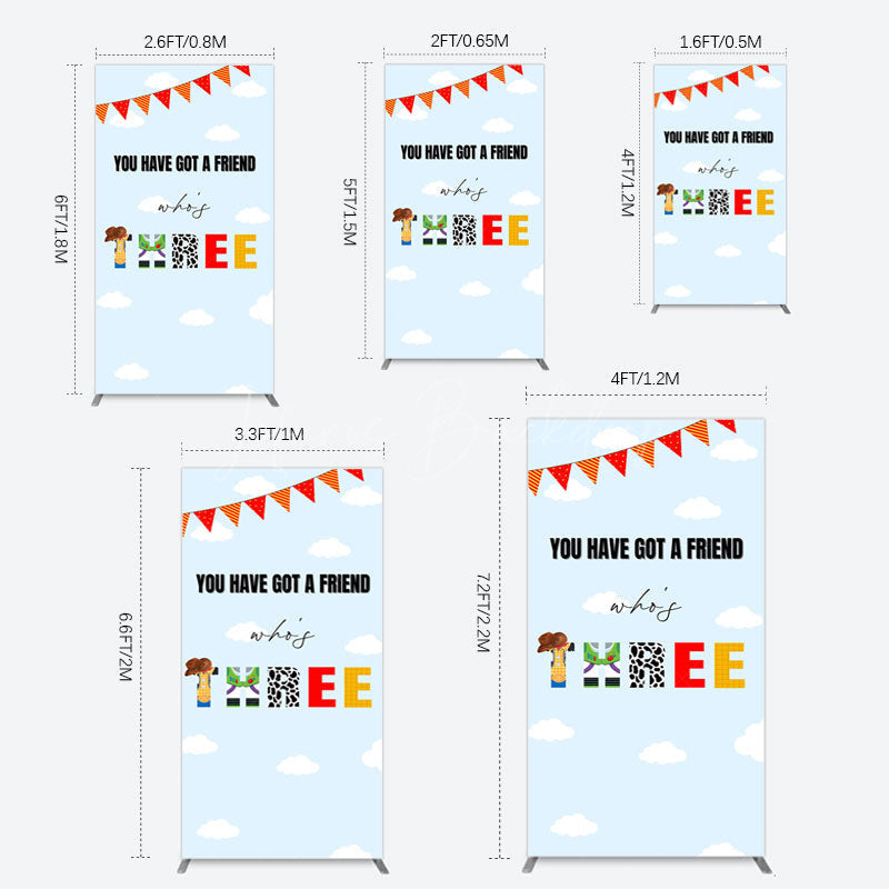 Lofaris Whos Three Blue Sky Toy Happy Birthday Rectangle Backdrop