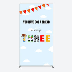 Lofaris Whos Three Blue Sky Toy Happy Birthday Rectangle Backdrop