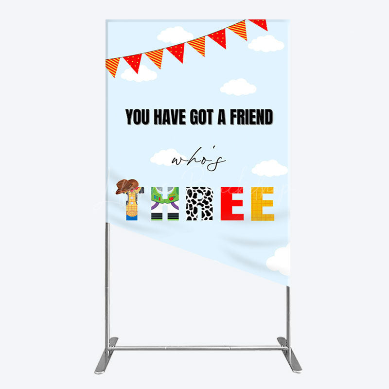 Lofaris Whos Three Blue Sky Toy Happy Birthday Rectangle Backdrop