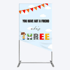 Lofaris Whos Three Blue Sky Toy Happy Birthday Rectangle Backdrop