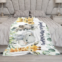 Lofaris Wild Jungle Leaf Safari Animals Custom Name Blanket