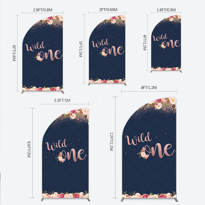 Lofaris Wild One First Birthday Half Moon Arch Backdrop for Girl Boho Floral Navy Blue and Rose Gold Party Decor Photo Booth Banner