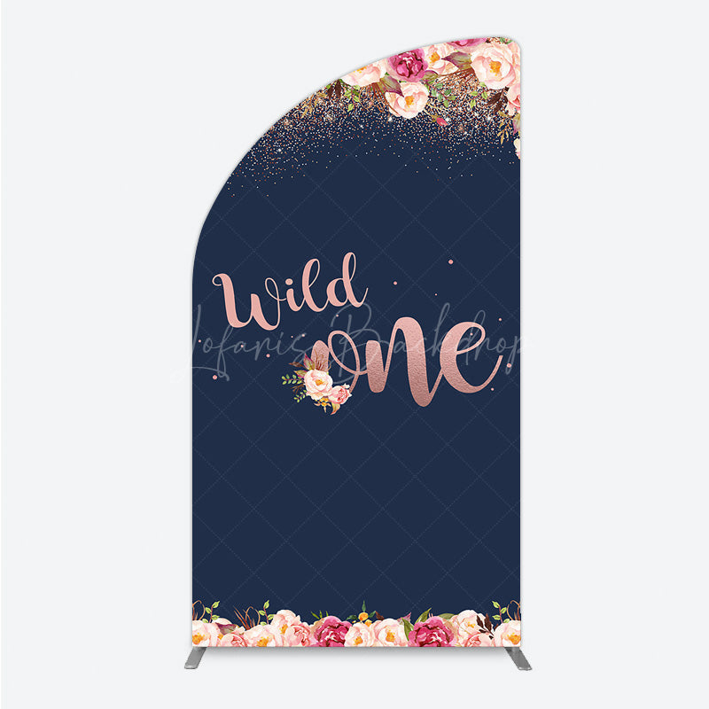 Lofaris Wild One First Birthday Half Moon Arch Backdrop for Girl Boho Floral Navy Blue and Rose Gold Party Decor Photo Booth Banner