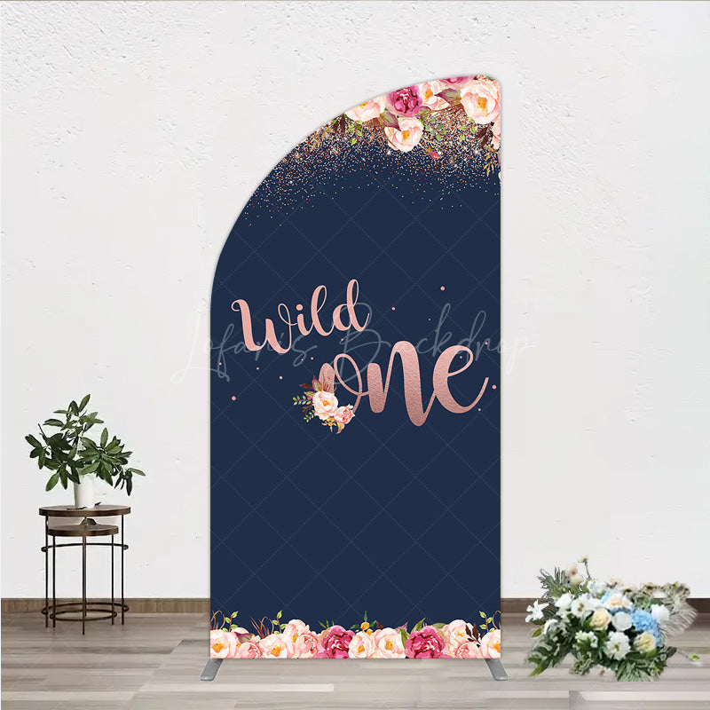 Lofaris Wild One First Birthday Half Moon Arch Backdrop for Girl Boho Floral Navy Blue and Rose Gold Party Decor Photo Booth Banner