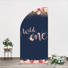 Lofaris Wild One First Birthday Half Moon Arch Backdrop for Girl Boho Floral Navy Blue and Rose Gold Party Decor Photo Booth Banner