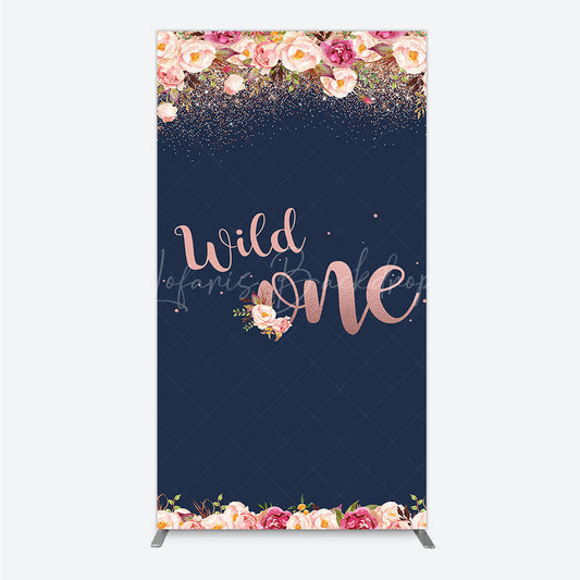 Lofaris Wild One First Birthday Rectangle Backdrop for Girl Boho Floral Navy Blue and Rose Gold Party Decor Photo Booth Banner