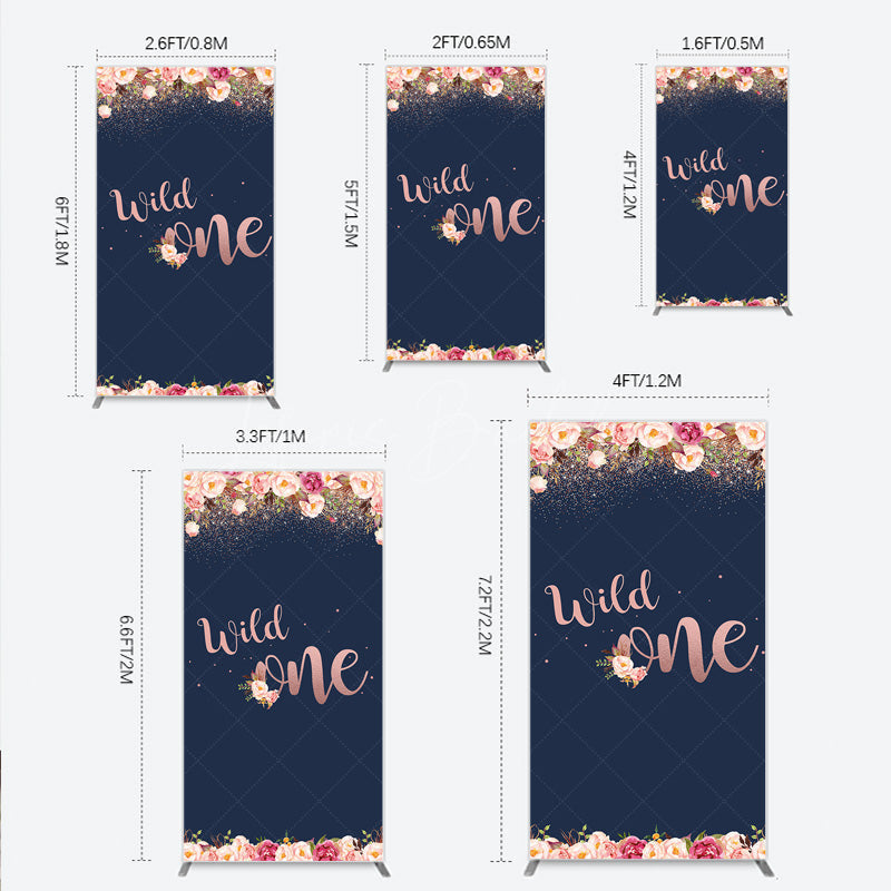 Lofaris Wild One First Birthday Rectangle Backdrop for Girl Boho Floral Navy Blue and Rose Gold Party Decor Photo Booth Banner