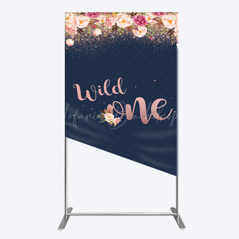 Lofaris Wild One First Birthday Rectangle Backdrop for Girl Boho Floral Navy Blue and Rose Gold Party Decor Photo Booth Banner
