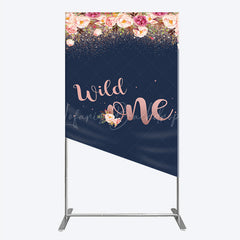 Lofaris Wild One First Birthday Rectangle Backdrop for Girl Boho Floral Navy Blue and Rose Gold Party Decor Photo Booth Banner
