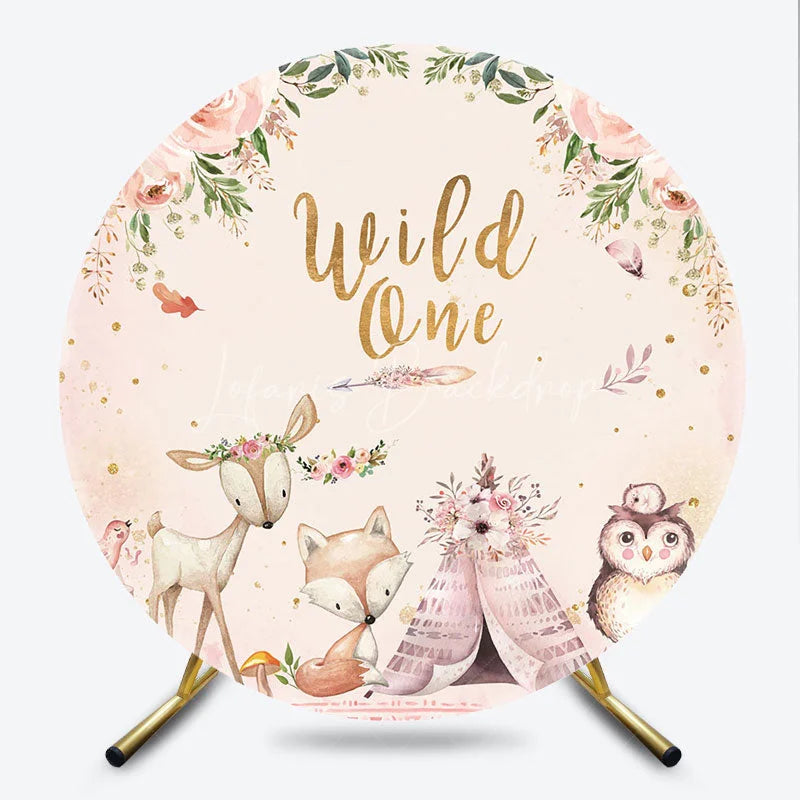 Lofaris Wild One First Birthday Round Backdrop Boho Woodland Animals with Fox and Deer Girl or Boy Party Decor