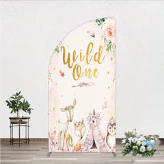 Lofaris Wild One Half Moon Arch Backdrop Boho Woodland Animals Baby Shower Pink Floral Fox Deer Party Decor for Girl