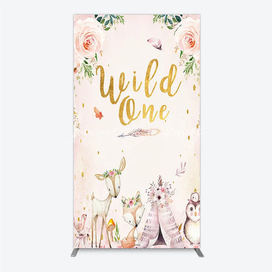 Lofaris Wild One Rectangle Backdrop Boho Woodland Animals Baby Shower Pink Floral Fox Deer Party Decor for Girl