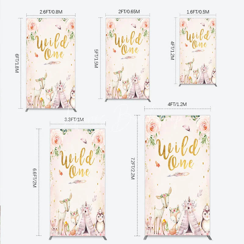 Lofaris Wild One Rectangle Backdrop Boho Woodland Animals Baby Shower Pink Floral Fox Deer Party Decor for Girl
