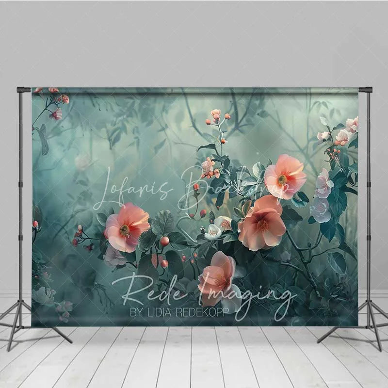 Lofaris Wildflower Garden Photography Backdrop Peach Coral Flowers Teal Green Leaves Background Nature Fine Art Prop