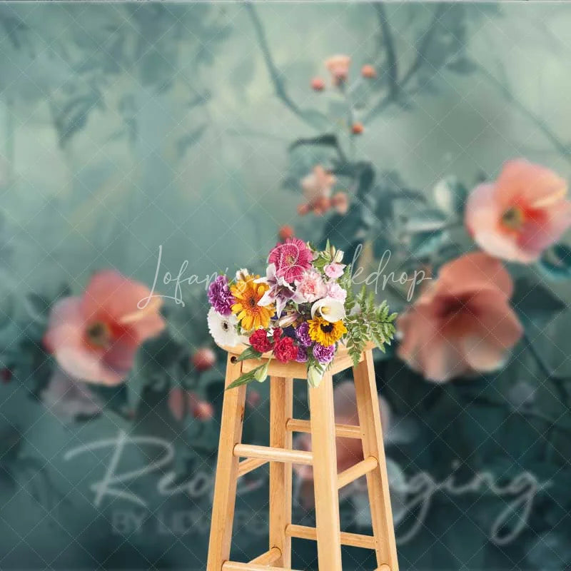 Lofaris Wildflower Garden Photography Backdrop Peach Coral Flowers Teal Green Leaves Background Nature Fine Art Prop