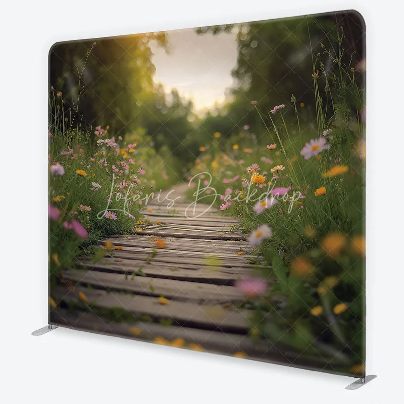 Lofaris Wildflower Meadow and Wooden Path Backdrop Spring Garden Heart Sunlight Scene Floral Tension Fabric