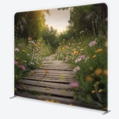 Lofaris Wildflower Meadow and Wooden Path Backdrop Spring Garden Heart Sunlight Scene Floral Tension Fabric